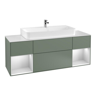V&B Finion Meuble sous lavabo 160 cm, éclairage mural, laque blanche, laque mate olive