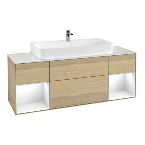 V&B Finion Meuble sous lavabo 160 cm, éclairage mural, laque blanche Reg glo, placage chêne