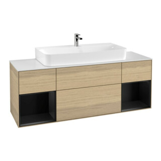 V&B Finion Meuble sous lavabo 160 cm, éclairage mural, laque bleue mate, placage chêne