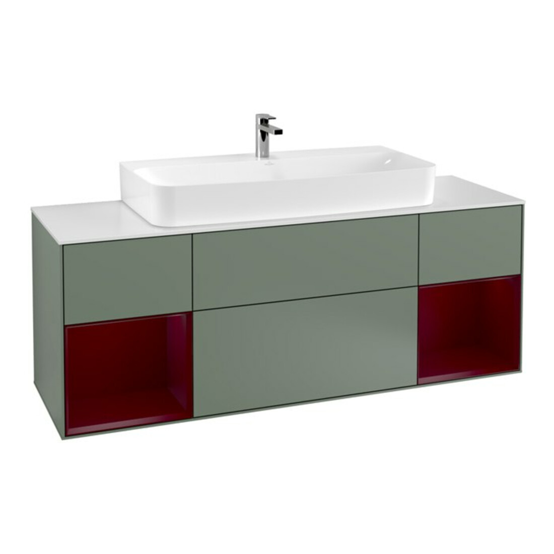 V&B Finion Meuble sous lavabo 160 cm, éclairage mural, laque mate olive