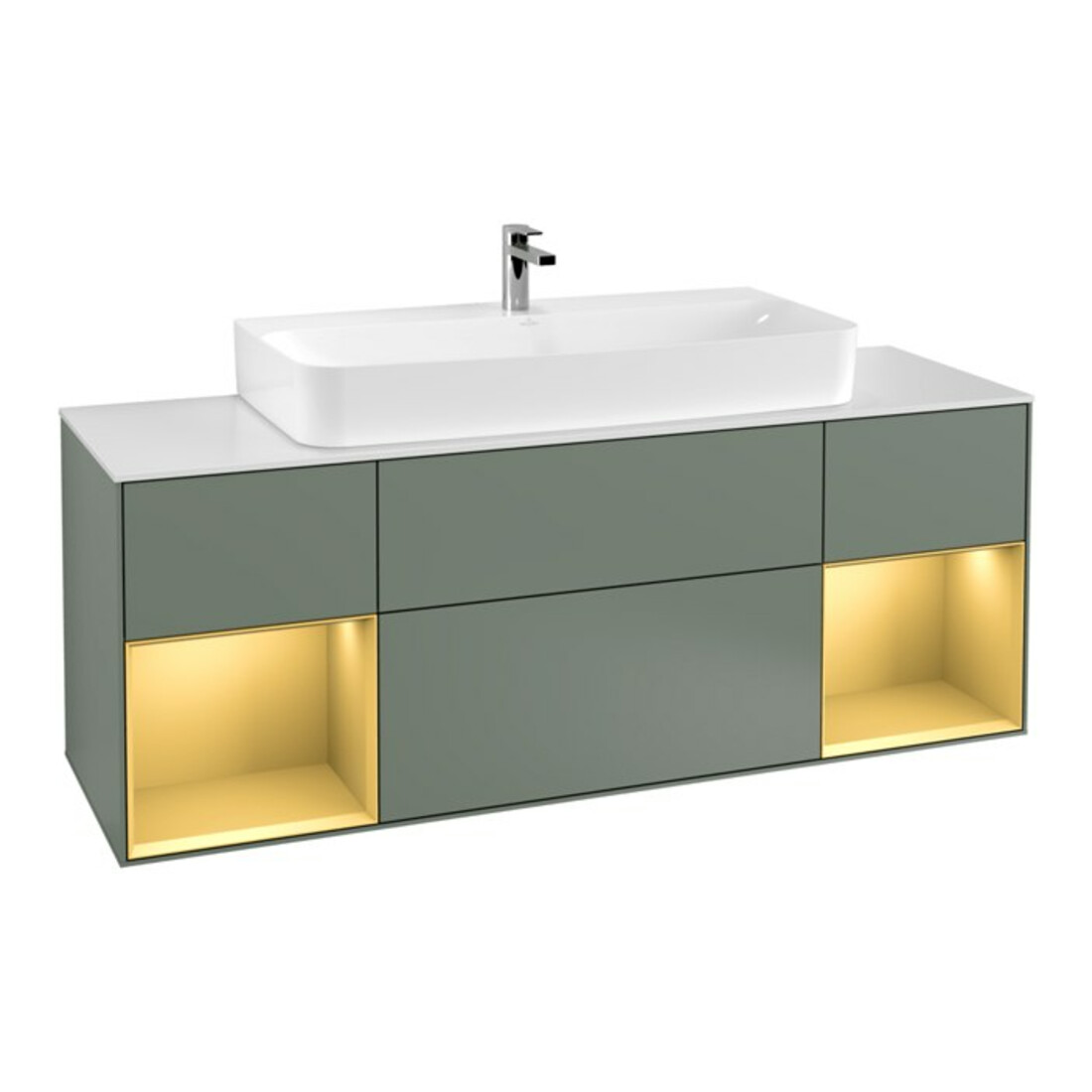 V&B Finion Meuble sous lavabo 160 cm, éclairage mural, laque olive mat