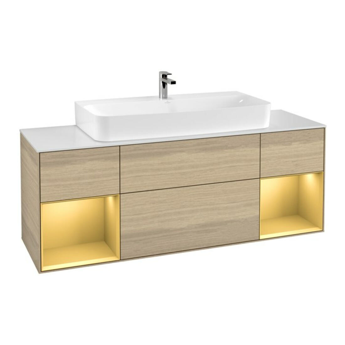 V&B Finion Meuble sous lavabo 160 cm, éclairage mural, laque or mat, placage chêne