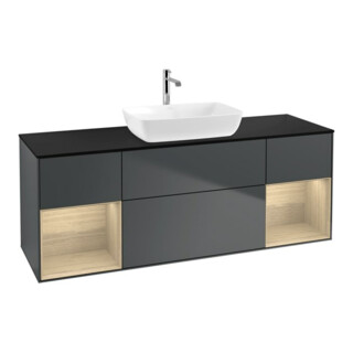 V&B Finion Meuble sous lavabo 160 cm, éclairage mural, placage bois, réglette Oa ven, bleu mat laqué