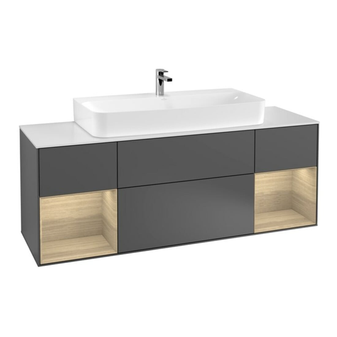 V&B Finion Meuble sous lavabo 160 cm, Étagère en placage chêne, Anthracite mat, Éclairage mural