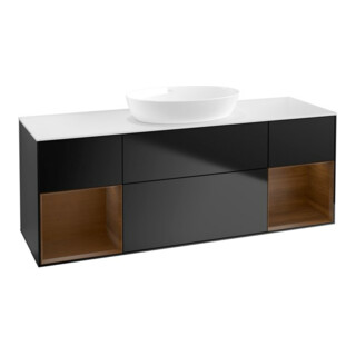 V&B Finion Meuble sous lavabo 160 cm, Pl blanc mat, tiroir noyer veiné, façade mat laquée bleue