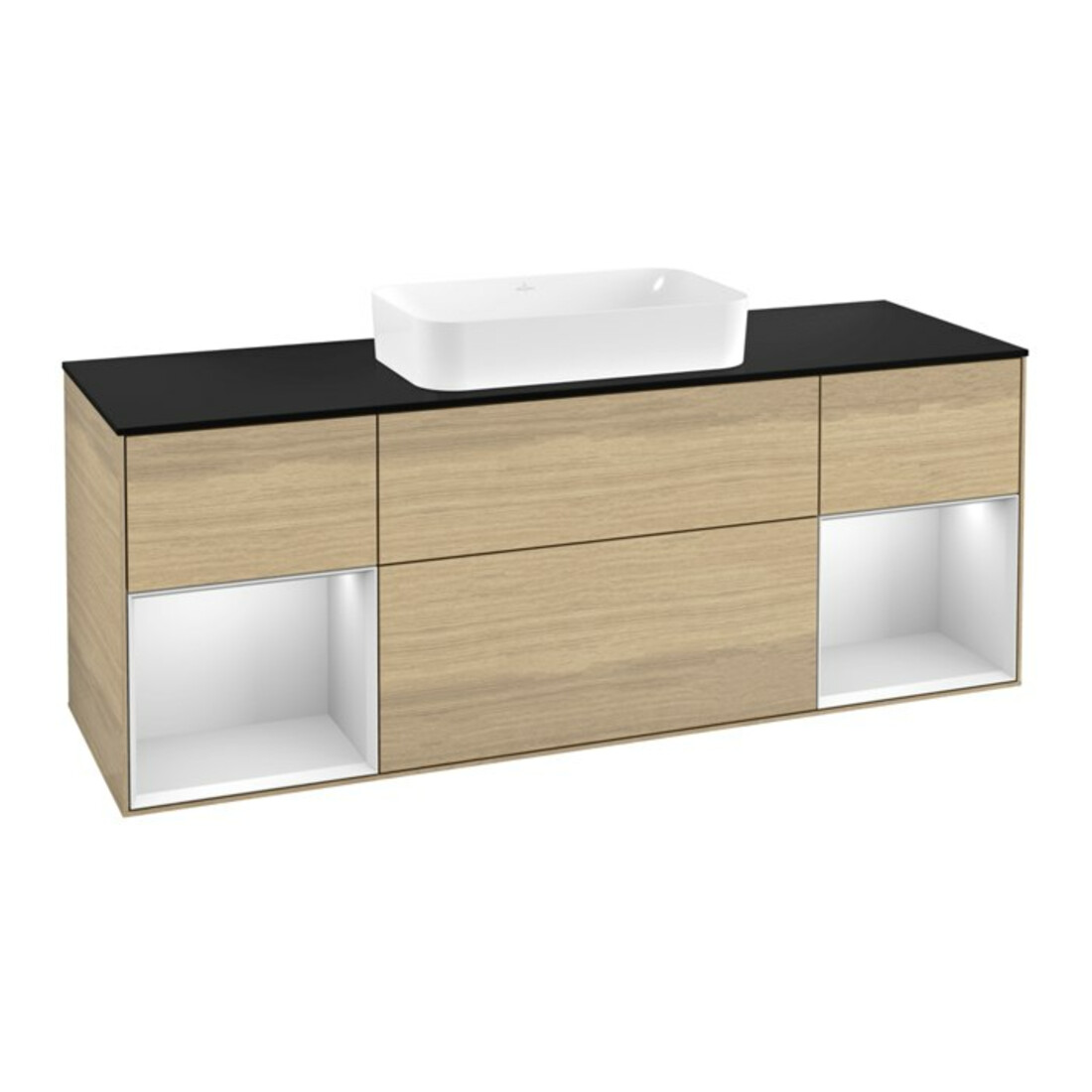 V&B Finion Meuble sous lavabo 160 cm, Pl bleu mat, Étagère blanche avec laque, Oa ven