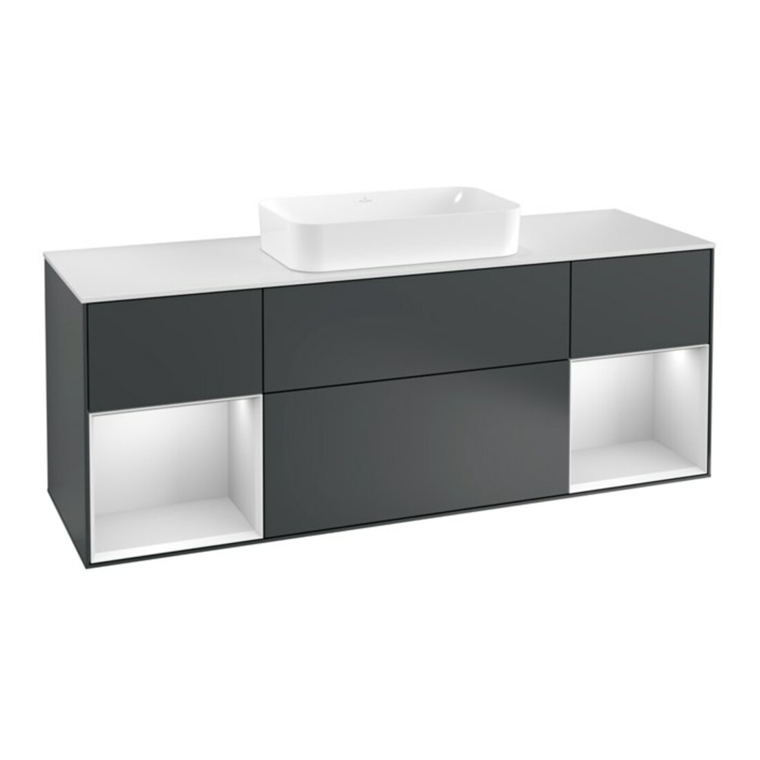 V&B Finion Meuble sous lavabo 160 cm, placage blanc mat, façade blanc mat laqué, miroir avec éclairage