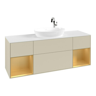V&B Finion Meuble sous lavabo 160 cm, placage blanc mat, façade or mat laqué, poignée gris mat laqué