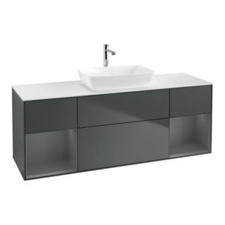 V&B Finion Meuble sous lavabo 160 cm, placage blanc mat, poignée aluminium mat laqué, miroir bleu mat laqué