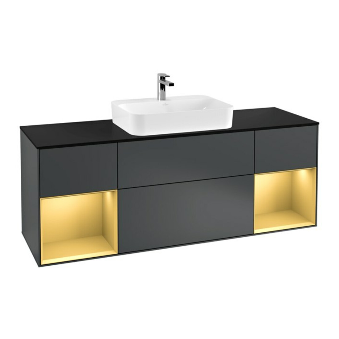 V&B Finion Meuble sous lavabo 160 cm, placage bois, laque gris, avec éclairage mural