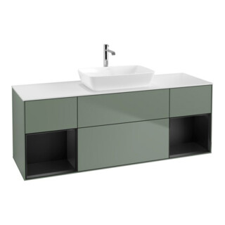 V&B Finion Meuble sous lavabo 160 cm, placage bois, rangement blanc mat laqué, olivier mat laqué