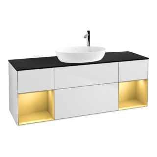 V&B Finion Meuble sous lavabo 160 cm, placage bois, réglette or, blanc laqué