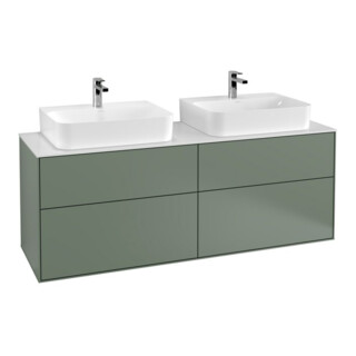 V&B Finion Meuble sous lavabo 160x60,3 cm, éclairage mural, plan lavabo blanc, olivier avec laque