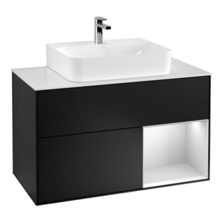 V&B Finion Meuble sous lavabo Éclairage mural 100, blanc mat, laqué, bleu mat laqué