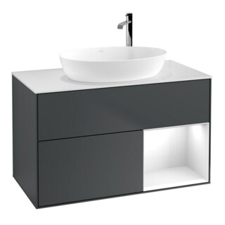V&B Finion Meuble sous lavabo Éclairage mural 100, blanc mat, laqué gris, bleu moyen laqué