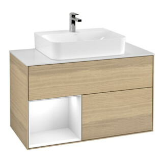 V&B Finion Meuble sous lavabo Éclairage mural 100, blanc mat, réglette gauche, blanc brillant, laqué, ouverture à ven
