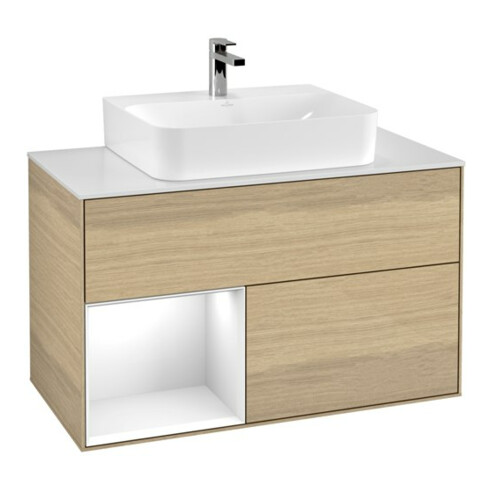 V&B Finion Meuble sous lavabo Éclairage mural 100, blanc mat, réglette gauche, blanc brillant, laqué, ouverture à ven