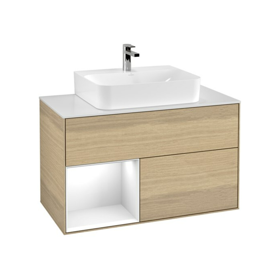 V&B Finion Meuble sous lavabo Éclairage mural 100, blanc mat, réglette gauche, blanc brillant, laqué, ouverture à ven