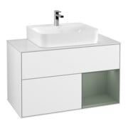 V&B Finion Meuble sous lavabo Éclairage mural 100, blanc mat, rouge olivier mat, laqué brillant blanc