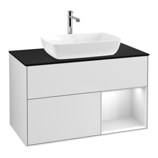 V&B Finion Meuble sous lavabo Éclairage mural 100, bleu mat, étagère blanche laquée