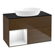 V&B Finion Meuble sous lavabo Éclairage mural 100, Pl bleu m, Reg blanc brillant, Lac, noyer ven