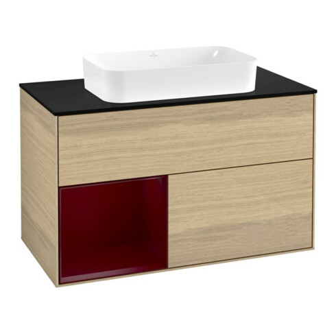 V&B Finion Meuble sous lavabo Éclairage mural 100x60,3 cm, étagère gauche Peony, placage chêne