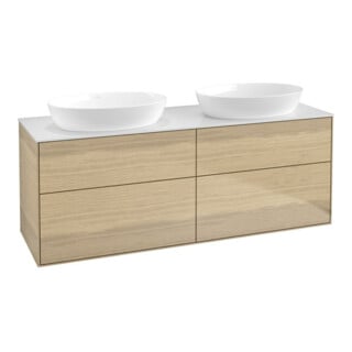 V&B Finion Meuble sous lavabo Éclairage mural 160x60cm, plan blanc mat, placage chêne