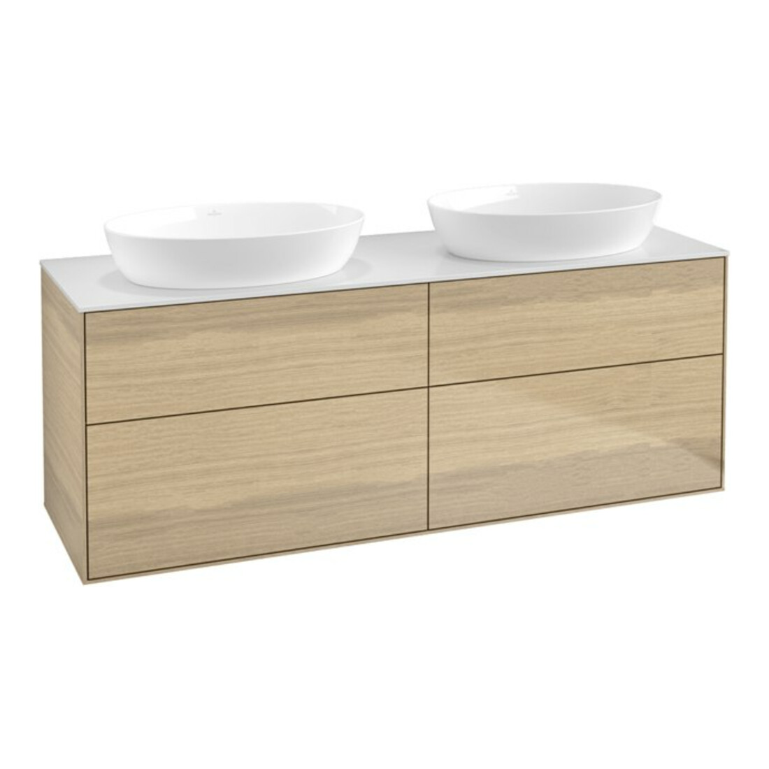V&B Finion Meuble sous lavabo Éclairage mural 160x60cm, plan blanc mat, placage chêne