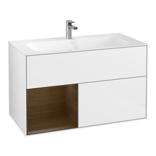 V&B Finion Meuble sous lavabo Éclairage mural 99,6x59,1cm, étagère gauche, blanc brillant Lac