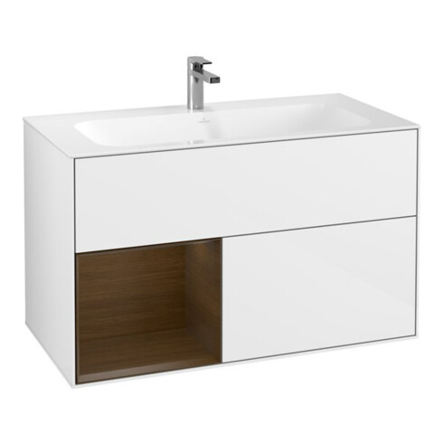 V&B Finion Meuble sous lavabo Éclairage mural 99,6x59,1cm, étagère gauche, blanc brillant Lac