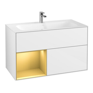 V&B Finion Meuble sous lavabo Éclairage mural 99,6x59,1cm, étagère gauche, blanc brillant Lac