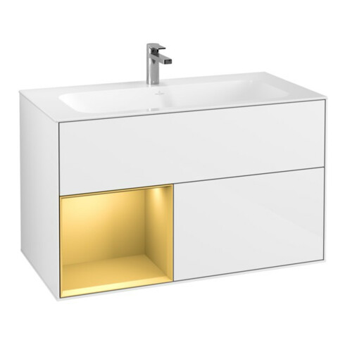 V&B Finion Meuble sous lavabo Éclairage mural 99,6x59,1cm, étagère gauche, blanc brillant Lac