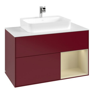 V&B Finion Meuble sous-vasque 100, blanc mat, porte droite, poignée métal laqué, miroir Peo