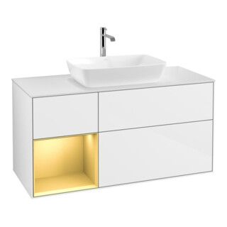 V&B Finion Meuble sous-vasque 120 cm, éclairage mural, placage bois m, laque or m, laque blanc brillant