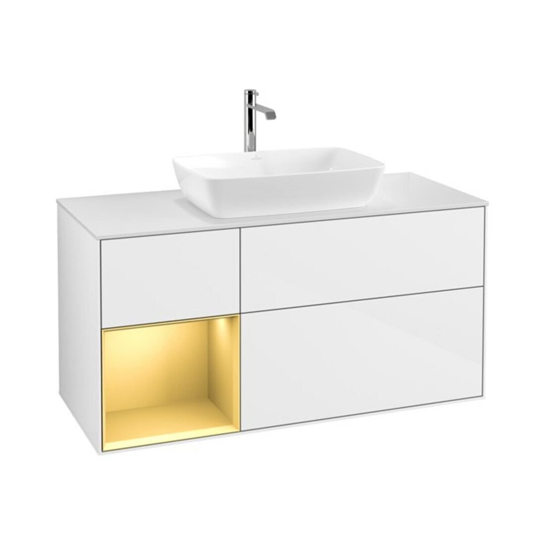 V&B Finion Meuble sous-vasque 120 cm, éclairage mural, placage bois m, laque or m, laque blanc brillant