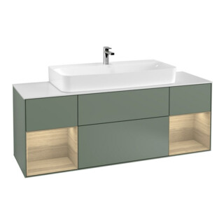 V&B Finion Meuble sous vasque 160 cm, Reg Oa placage, laque mate olive, éclairage mural