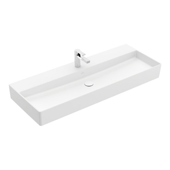 V&B Memento 2.0 Lavabo 120x47 cm, gs, robinet, sans trop-plein, blanc mat C+