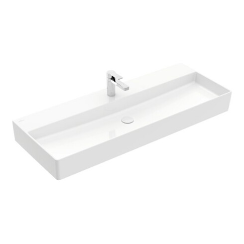V&B Memento 2.0 lavabo 120x47 cm, robinetterie, sans trop-plein, blanc alpin C-plus
