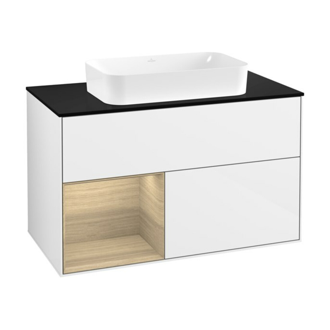 V&B Meuble sous-lavabo avec éclairage mural Finion 100x60,3 cm, rég. g. Oa ven, blanc brillant Lac