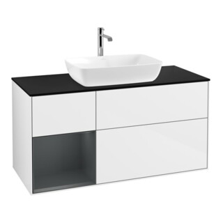 V&B Meuble sous lavabo avec éclairage mural Finion 120 cm, placage bois, laqué blanc brillant