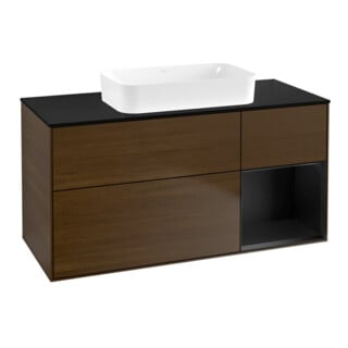 V&B Meuble sous lavabo avec éclairage mural Finion 120x60 cm, placage noyer, bleu mat régulier