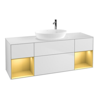 V&B Meuble sous lavabo avec éclairage mural Finion 160 cm, blanc mat, réglette or mat laqué, blanc mat laqué