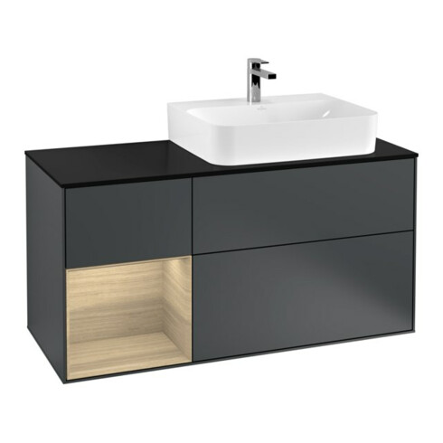 V&B Meuble sous lavabo avec plan, bleu clair, Finion 120 cm, étagère gauche, laqué bleu moyen
