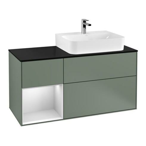 V&B Meuble sous lavabo avec plan, bleu clair, Finion 120cm, étagère gauche, blanc laqué, huile laquée