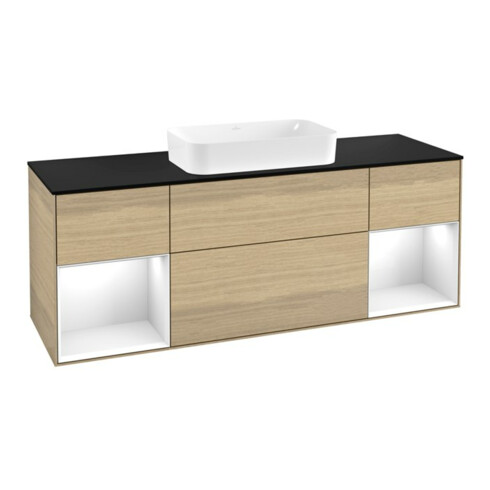 V&B Meuble sous lavabo avec plan bleu Finion 160x60cm, étagère blanche laquée, placage chêne