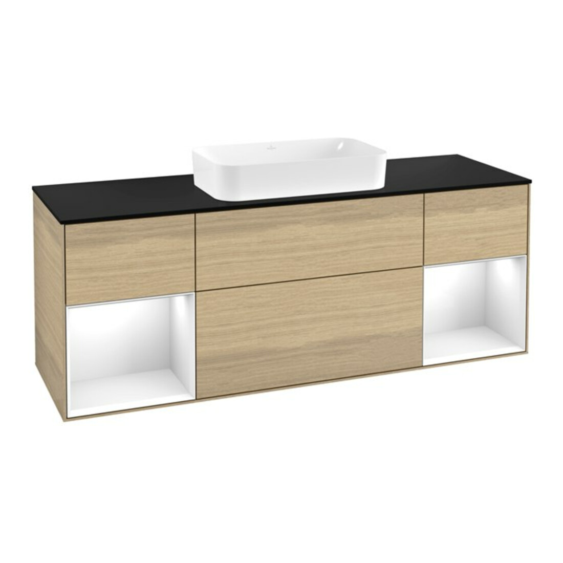 V&B Meuble sous lavabo avec plan bleu Finion 160x60cm, étagère blanche laquée, placage chêne