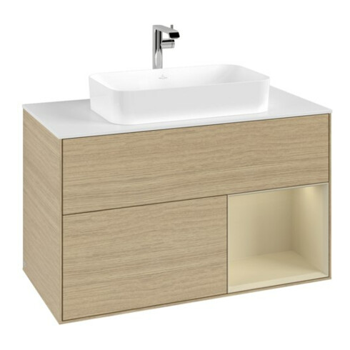 V&B Meuble sous-lavabo avec plan de toilette blanc avec Finion 100x60,3cm, étagère droite, grand modèle avec laque, Oa ven