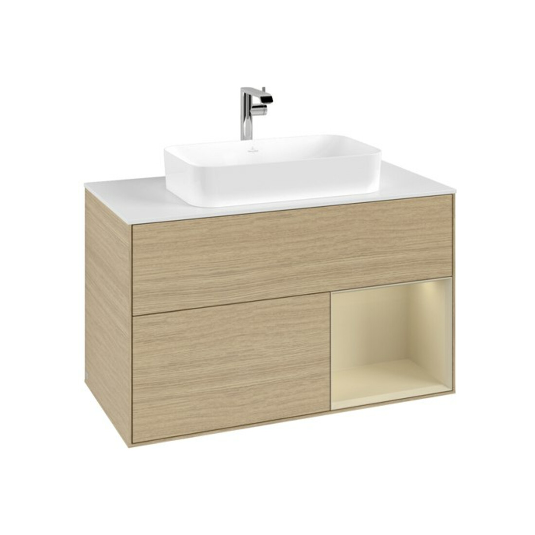 V&B Meuble sous-lavabo avec plan de toilette blanc avec Finion 100x60,3cm, étagère droite, grand modèle avec laque, Oa ven