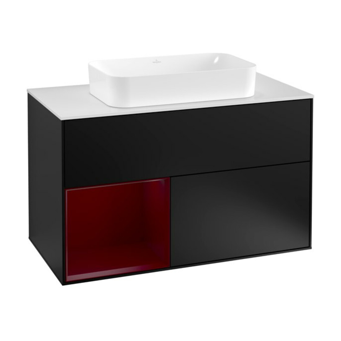 V&B Meuble sous lavabo avec plan de toilette blanc avec Finion 100x60,3cm, étagère gauche Peo, laque bleu mat