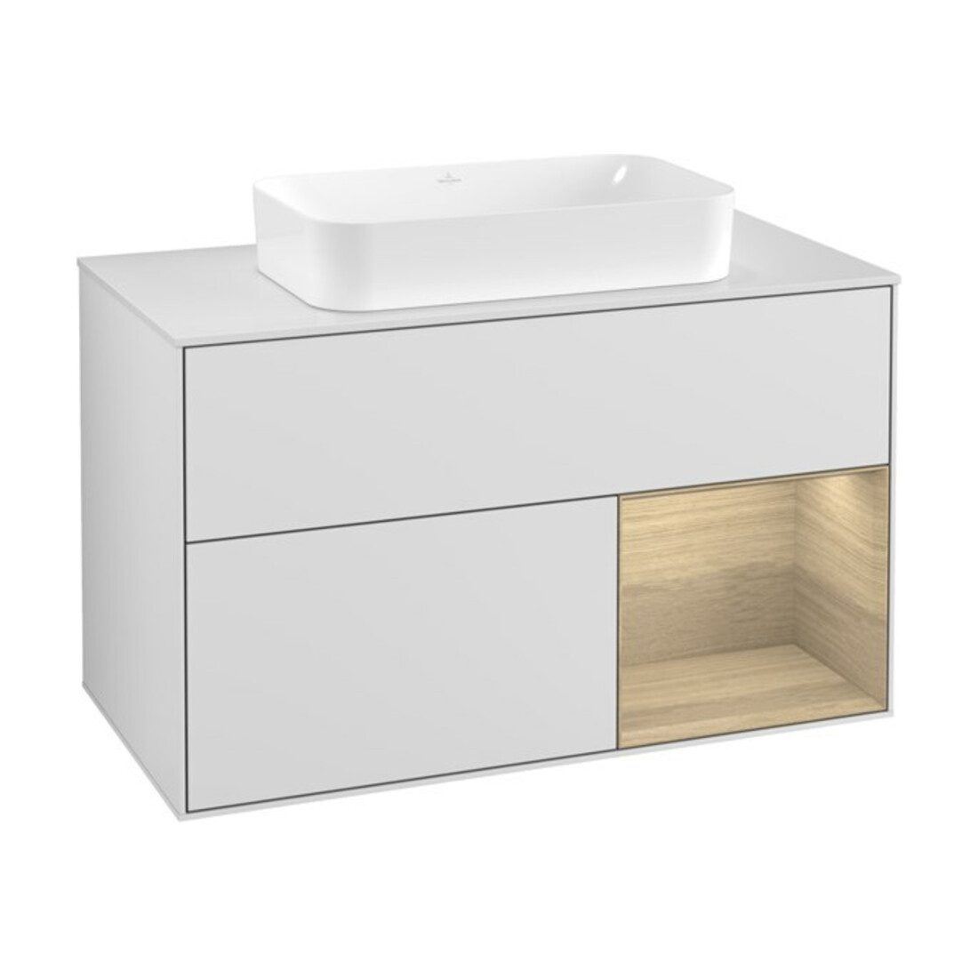 V&B Meuble sous-lavabo avec plan de toilette blanc avec Finion 100x60,3cm, tiroir droite Oa ven, blanc laqué
